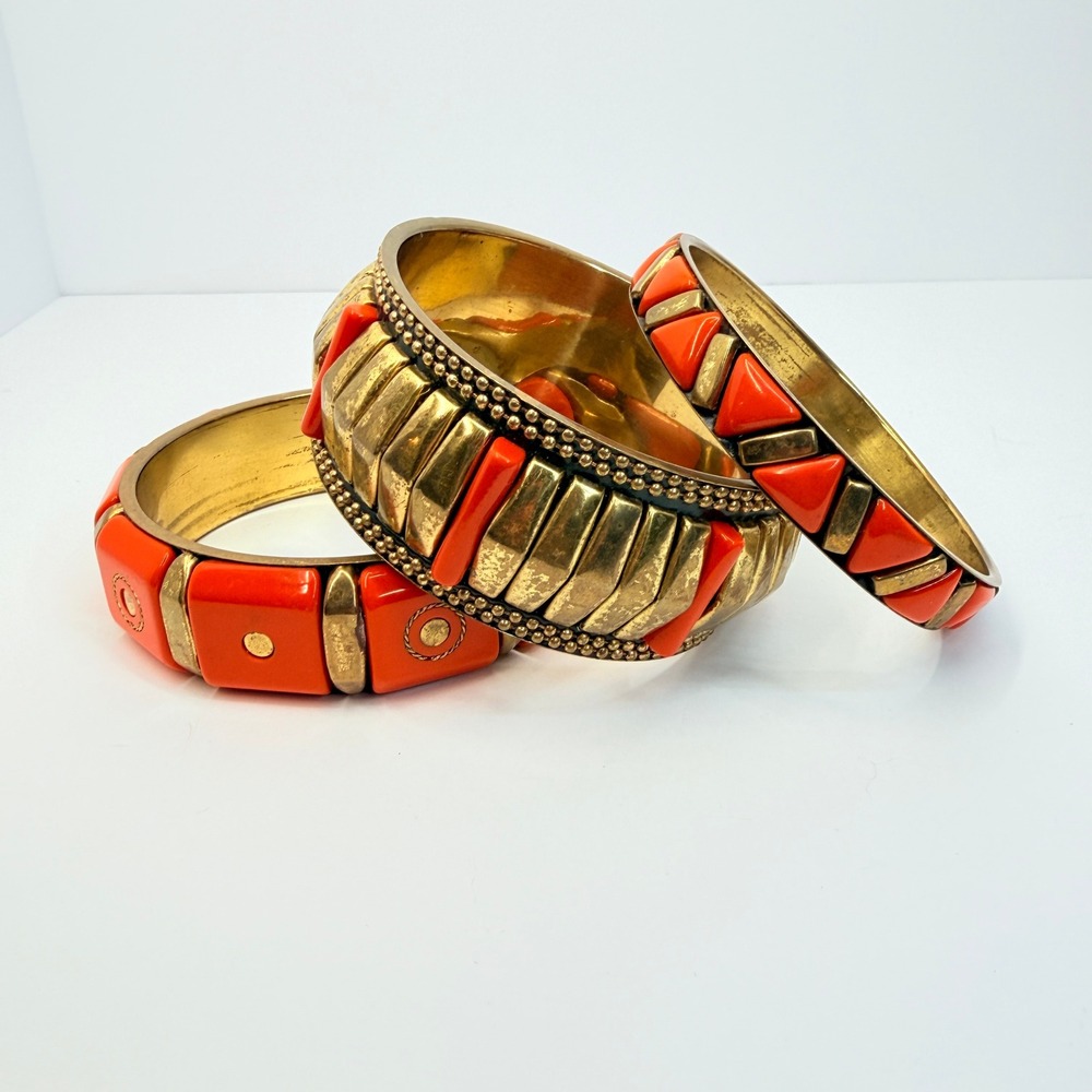 Bold Orange Gold Brass Bangle Bracelet Set Vintage Boho Geometric 3 Piece Stack